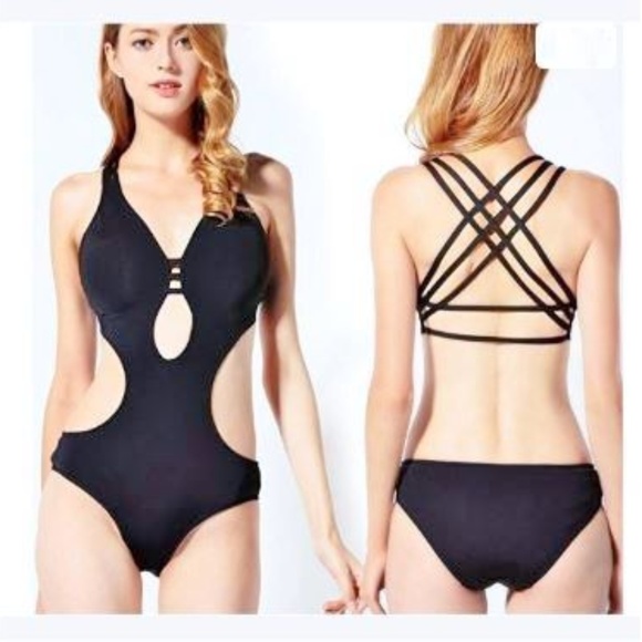 Sexy One Piece Strappy Swimsuit Sz 10 12 Black - Picture 1 of 5